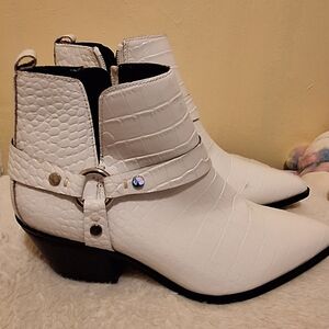White Croc-Embossed Ankle Boots